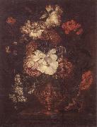 unknow artist Still life of Roses,Carnations,Daisies,peonies and convulvuli in a gilt vase,upon a stone ledge oil painting on canvas